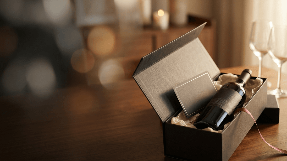 Elegant wijn cadeau met OnlyWines-waardebon in een open geschenkdoos